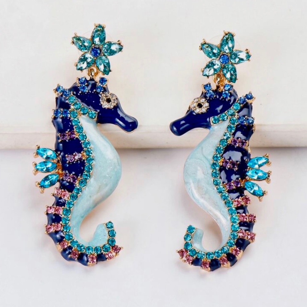 New! ✨Chic Blue & Pink Enameled Rhinestone Seahorse Boutique Statement Earrings